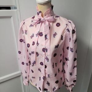 Vintage A Dante Original Blouse Pink Paisley Stand Up Ruffle Collar 70s Medium